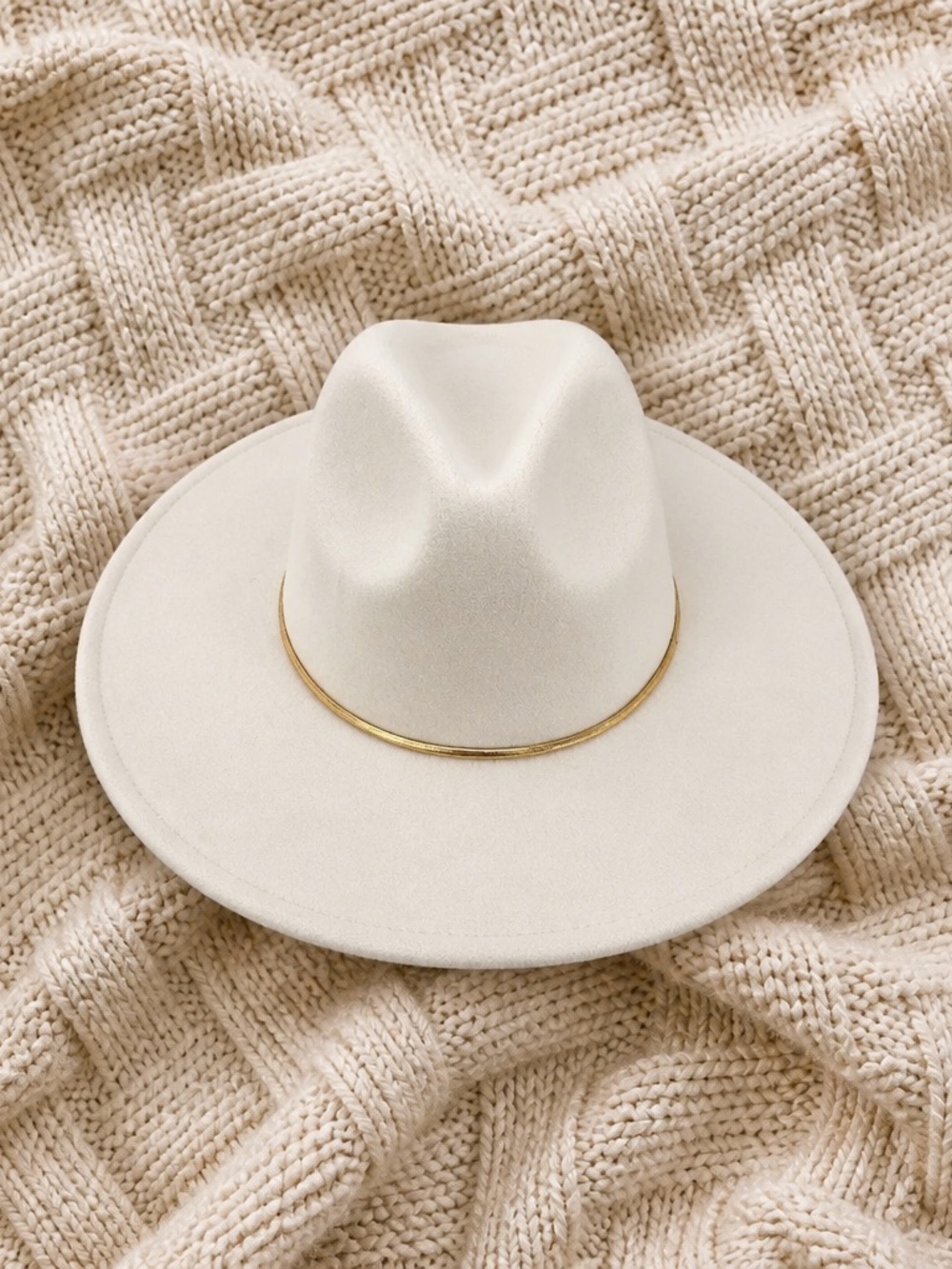 Classic Cream Wide-Brim Fedora Hat with Gold Band